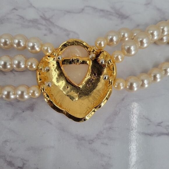 Three Strand Faux Pearl Necklace with Large Teardrop Pearl Gold Toned Pendant - Picture 7 of 8